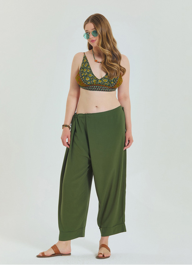 P Adjustable Waist Khaki Women's Plus Size Trousers with Rope Detail 4621